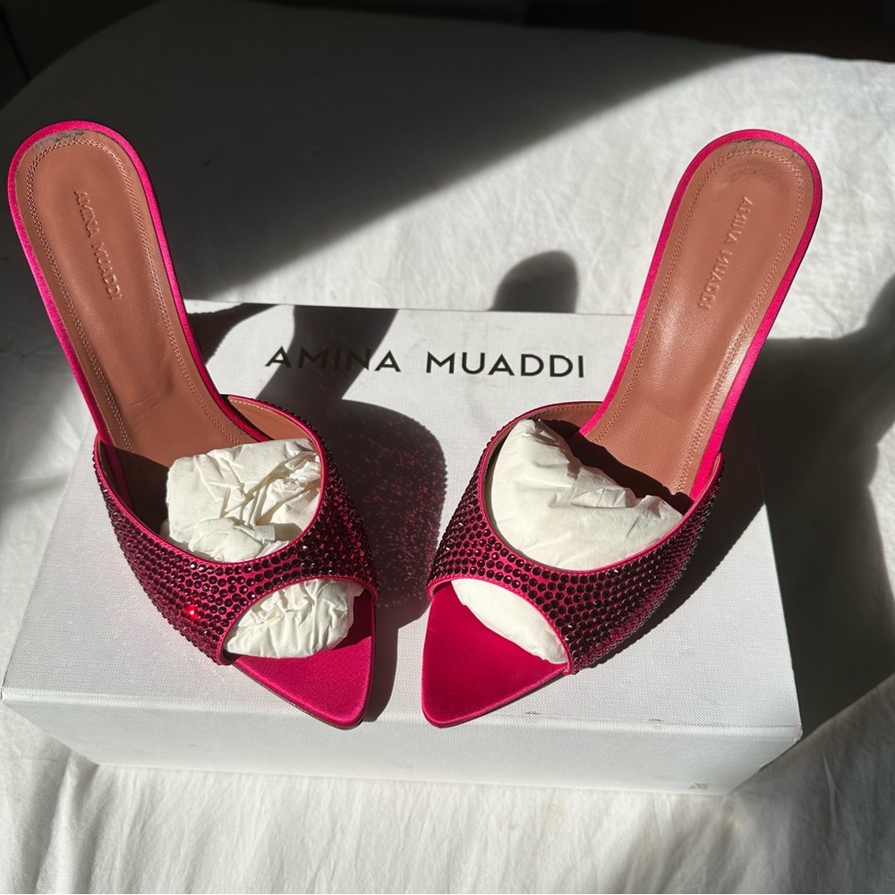 Amina Muaddi Pink Caroline Crystal-Embellished Satin Mules